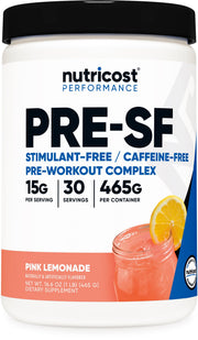 Nutricost Stim-Free Pre-Workout pink lemonade bottle for stimulant-free training