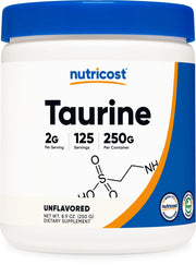 Nutricost Taurina polvo de 250 g en bote para porciones diarias.