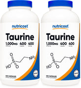 Nutricost Taurine 1000mg bottle front shows a high-potency supplement option for daily support.