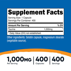 Nutricost Taurine 1000mg capsules closeup highlights compact capsules for easy daily dosing.