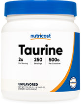 Nutricost Taurine powder bottle showing 500 g supply for easy dosing