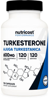 Nutricost Turkesterone bottle with 600 mg per serving for daily supplementation.