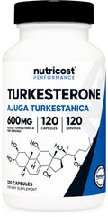 Nutricost Turkesterone bottle with 600 mg per serving for daily supplementation.