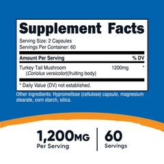Nutricost Turkey Tail capsules label closeup, gluten-free and vegetarian friendly features.