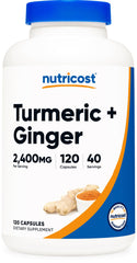 Nutricost Turmeric Ginger capsules bottle showing 2400mg serving and vegan formula