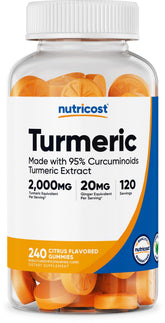 Nutricost turmeric gummies citrus bottle showing 120 servings for daily use