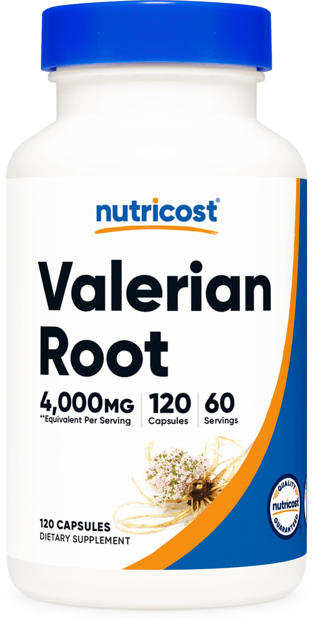 Nutricost Valerian Root Capsules bottle showing 4 to 1 extract and two capsules per serving