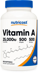 Nutricost Vitamin A bottle front showing 25,000 IU per serving for daily use.