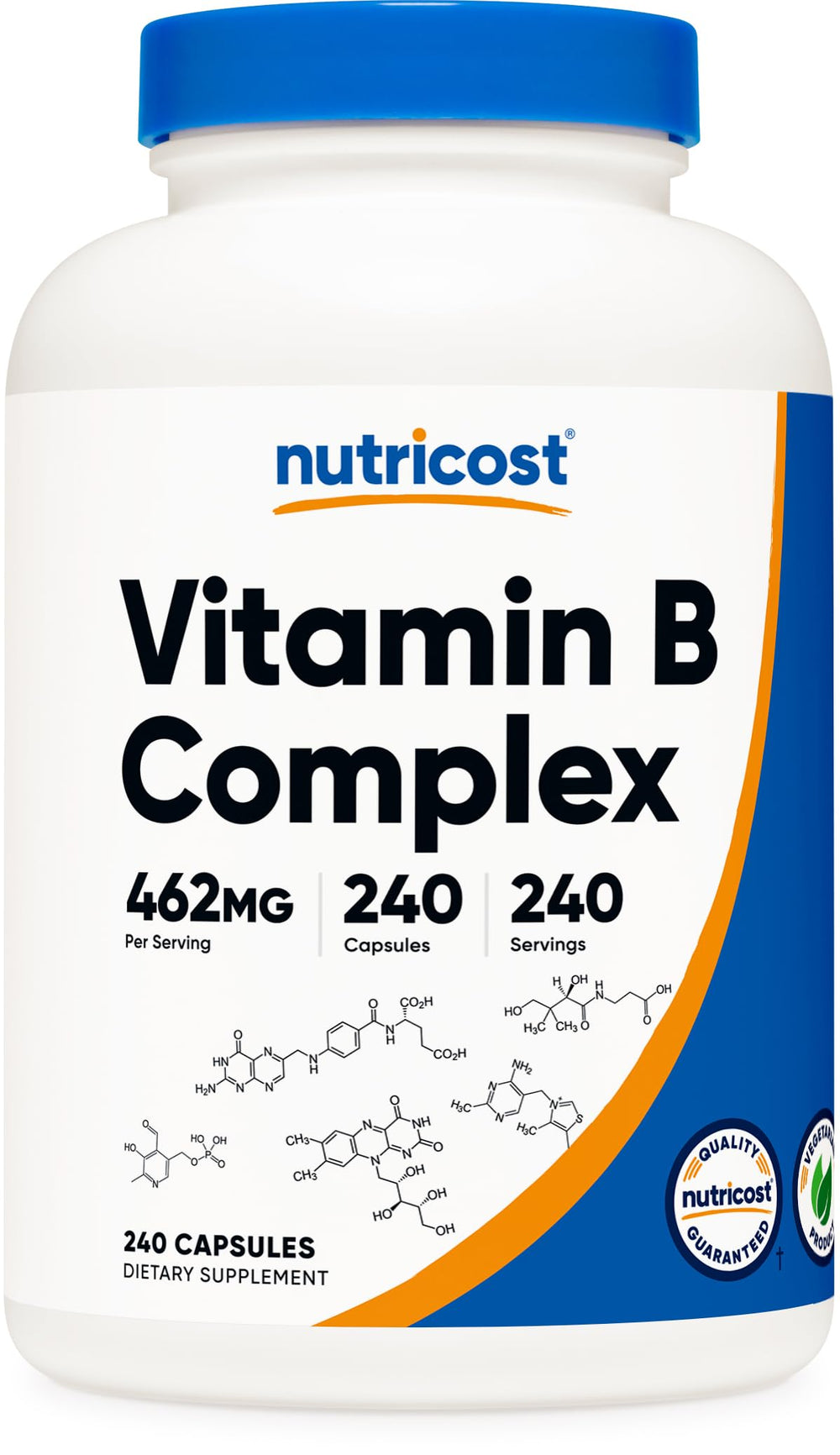 Nutricost Vitamin B Complex bottle on table highlighting energy metabolism support