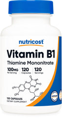 Nutricost Vitamin B1 bottle front view, highlighting quality and daily supplement use.