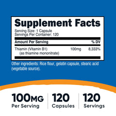 Nutricost Vitamin B1 capsules close-up, showing 100mg dosage per serving.
