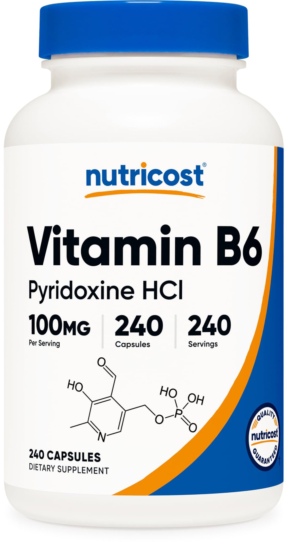 Nutricost Vitamin B6 100mg bottle closeup with clear dosage label.