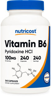 Nutricost Vitamin B6 100mg bottle closeup with clear dosage label.