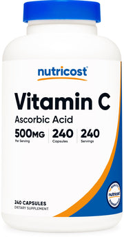 Nutricost Vitamin C 500mg bottle front for daily wellness support.