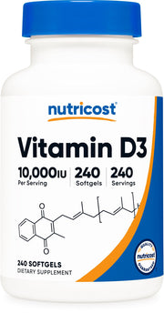 Nutricost Vitamin D3 10,000 IU softgel bottle for daily wellness