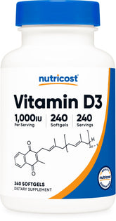 Nutricost Vitamin D3 1000 IU softgels bottle, convenient daily supplement