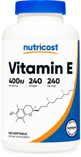 Nutricost Vitamin E 400 IU softgel bottle for daily supplementation.