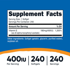 Close-up of Nutricost Vitamin E 400 IU softgel capsules.