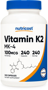 Nutricost Vitamin K2 MK4 bottle with capsules for daily gluten-free supplementation.