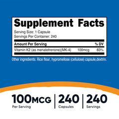 Close-up of Nutricost Vitamin K2 MK4 capsules showing 100 mcg per serving.
