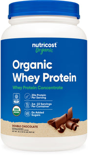 Nutricost Whey Double Chocolate container highlighting rich flavor and protein support