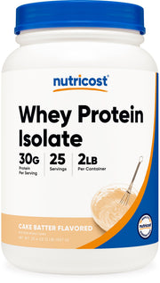 Nutricost Whey Isolate Cake Batter bottle for post-workout recovery and tasty protein.