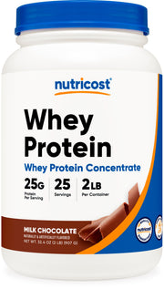 Nutricost Whey Protein Concentrate Chocolate bottle showing gluten-free, non-GMO formula.