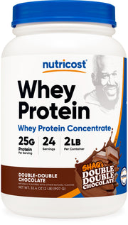 Nutricost Shaq's Double Double Chocolate protein bottle highlights convenient protein for active lifestyles.