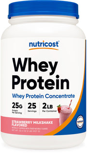 Nutricost Whey Protein Concentrate Strawberry Milkshake bottle close-up, smooth flavor ready to enjoy