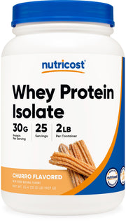 Nutricost Whey Protein Isolate churro bottle shows 30 g protein per serving.