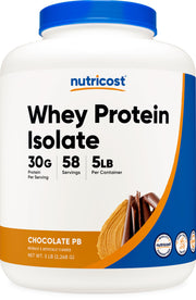 Nutricost Whey Protein Isolate chocolate peanut butter tub for post-workout fueling.