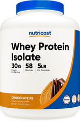 Nutricost Whey Protein Isolate chocolate peanut butter tub for post-workout fueling.