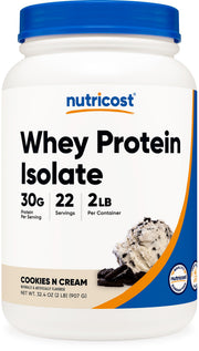 Nutricost Whey Protein Isolate Cookies N Cream tub for high-protein shakes