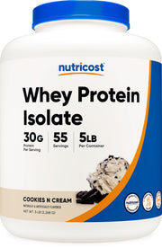 Nutricost Whey Protein Isolate Cookies N Cream jar highlighting high protein formula for recovery.