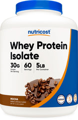 Nutricost Whey Protein Isolate Mocha 5lb container on kitchen counter for daily protein