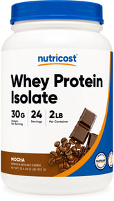 Nutricost Whey Protein Isolate Mocha bottle for post-workout fueling.