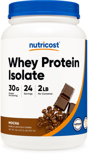 Nutricost Whey Protein Isolate Mocha bottle for post-workout fueling.