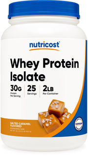 Nutricost Whey Protein Isolate Salted Caramel bottle for a post-workout shake.