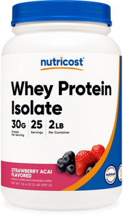 Nutricost Whey Protein Isolate Strawberry Acai bottle with scoop for post-workout shakes