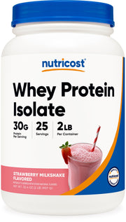 Nutricost Whey Protein Isolate Strawberry Milkshake front label offers premium protein