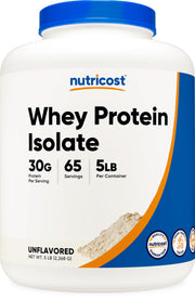 Nutricost Whey Protein Isolate bottle with unflavored powder for versatile shakes and recipes.