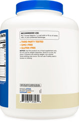 Nutricost 5-lb vanilla whey protein package close-up label.