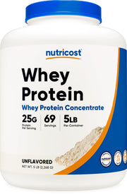 Nutricost Whey Protein Powder unflavored bottle for versatile shakes.