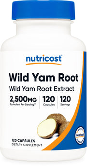 Nutricost Wild Yam Root bottle on shelf, vegan and gluten-free daily supplement option.