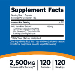 Close-up of Nutricost Wild Yam Root capsules highlighting 125 mg extract per capsule for daily use.