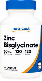 Nutricost Zinc Bisglycinate bottle with 120 vegan capsules for daily wellness.