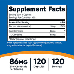 Nutricost Zinc Carnosine bottle label detail showing 86mg per serving.