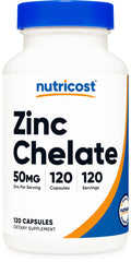 Nutricost Zinc Chelate 50mg bottle for daily vegetarian supplementation.