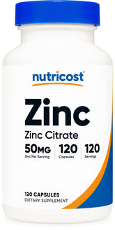 Nutricost Zinc Citrate 50 mg bottle front for daily wellness.
