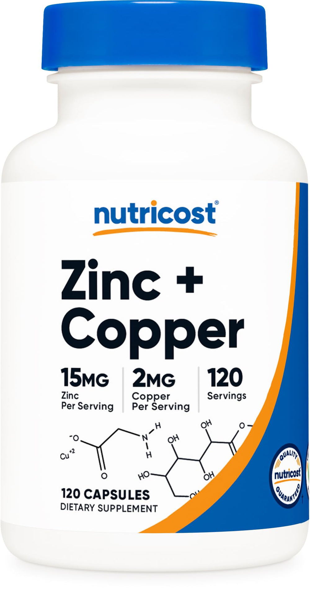 Nutricost cápsulas de zinc y cobre, bote para uso diario y apoyo de micronutrientes.